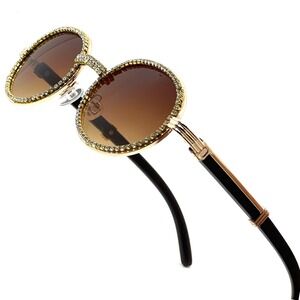 Diamond Sunglasses ‎ Gold Metal Brown Lens Men's Fashion Classic Retro UV400 Rap